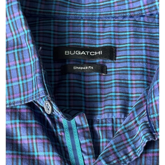 Bugatchi Shaped Fit Button Down Shirt Long Sleeve Blue Plaid Mens Sz Small - Picture 4 of 9